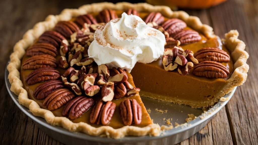 "Close-up of Maple Pecan Pumpkin Pie, featuring a golden-brown flaky crust filled with smooth pumpkin filling, topped with caramelized pecans and a drizzle of maple syrup."