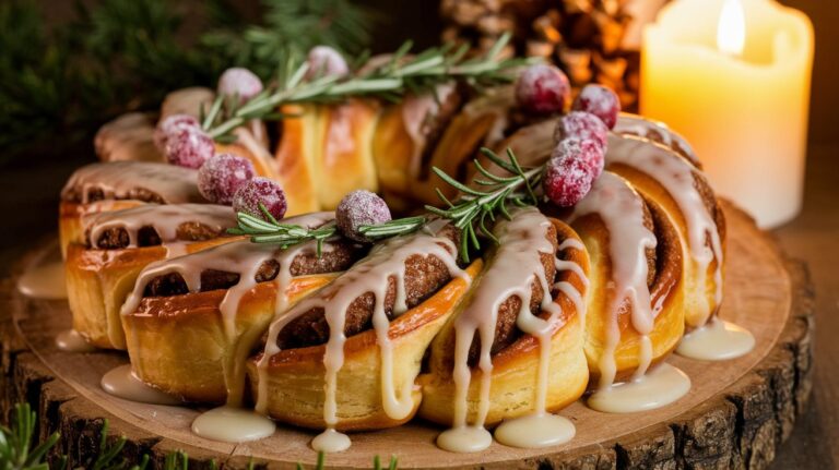 The Golden Cinnamon Roll Wreath 🎄💛 takes center stage on your holiday table, with each cinnamon roll carefully arranged in a circular shape. Drizzled with a decadent glaze and topped with festive sprinkles, this wreath is perfect for creating a warm, inviting atmosphere. Surround it with mini pinecones and flickering candles to add to the cozy ambiance of your holiday feast.