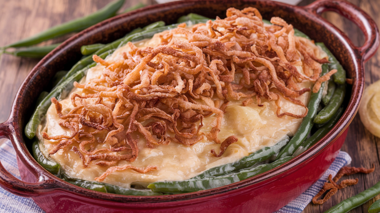 "A close-up of a steaming Green Bean Casserole, showcasing layers of green beans, creamy sauce, and crispy onions, creating a savory and indulgent side dish perfect for any occasion."