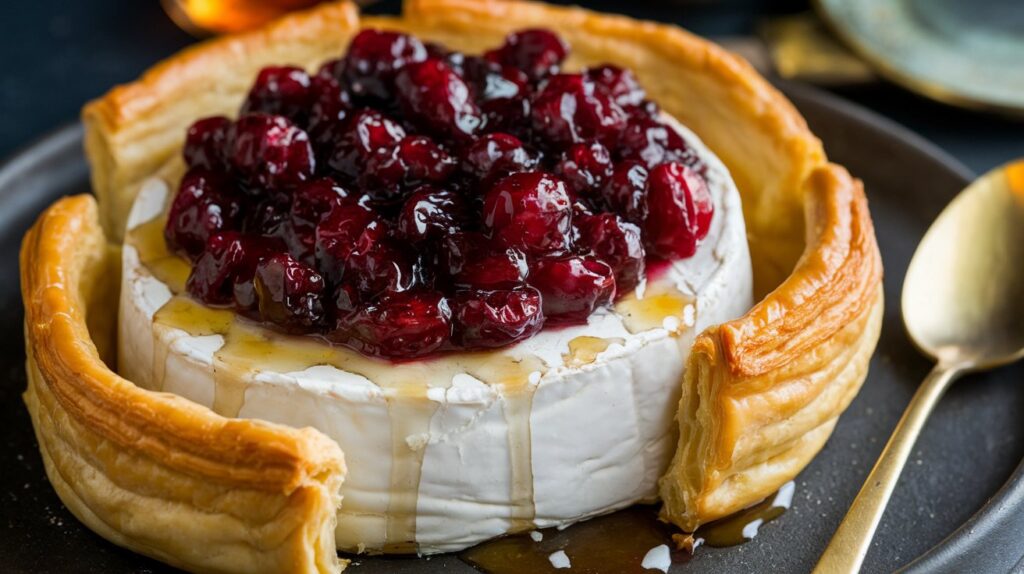 Baked Brie with Homemade Cranberry Sauce and Honey Drizzle A close-up shot of a baked brie cheese wheel, golden and perfectly melted, smothered with vibrant cranberry sauce and drizzled with golden honey. The rich creaminess of the brie blends beautifully with the sweet-tart cranberries and honey, creating a deliciously indulgent dish. Served with toasted bread or crackers, this appetizer is both elegant and comforting.