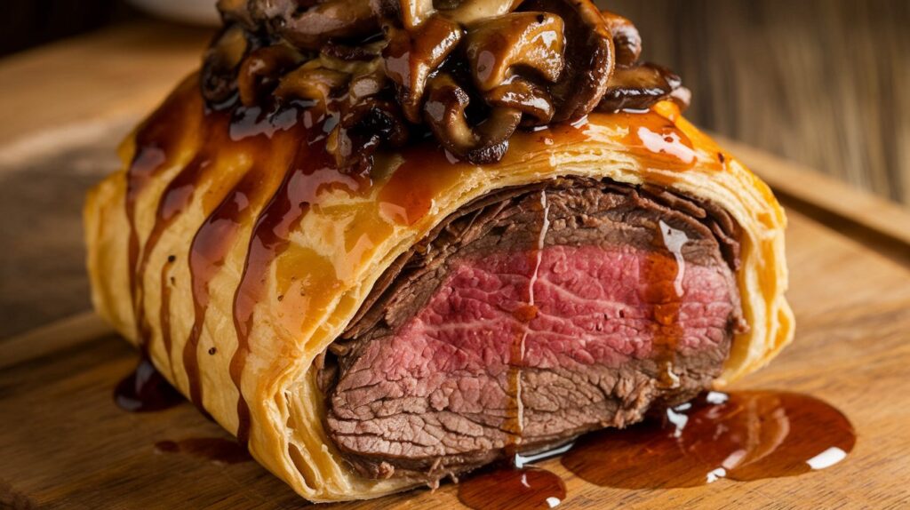 A slice of Beef Wellington on a plate, highlighting the tender beef center wrapped in a flavorful mushroom layer and encased in a perfectly baked pastry shell.