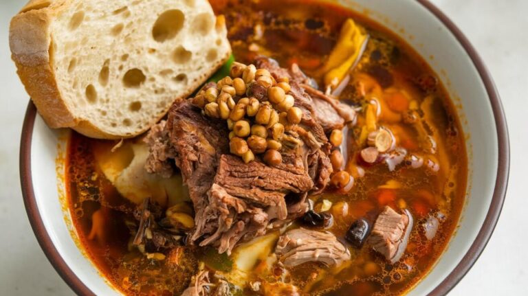 Close-up of a bowl of banga soup, showcasing its rich palm nut base, complemented by hearty pieces of meat and fish, with a vibrant, aromatic broth