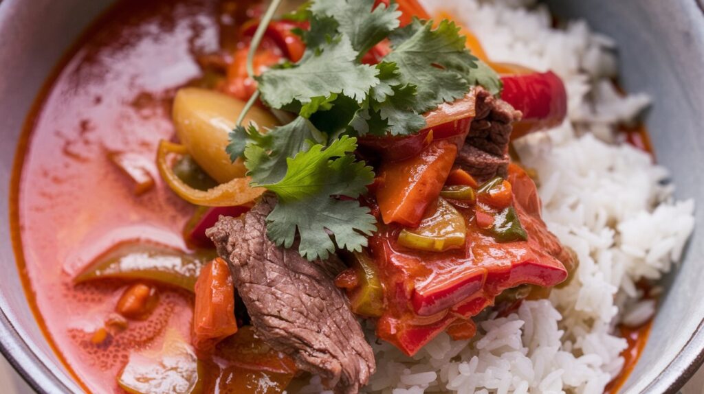 "An inviting bowl of Coconut Red Curry Drip Beef, with melt-in-your-mouth beef covered in a fragrant, creamy red curry sauce, creating the perfect fusion of spice and sweetness."