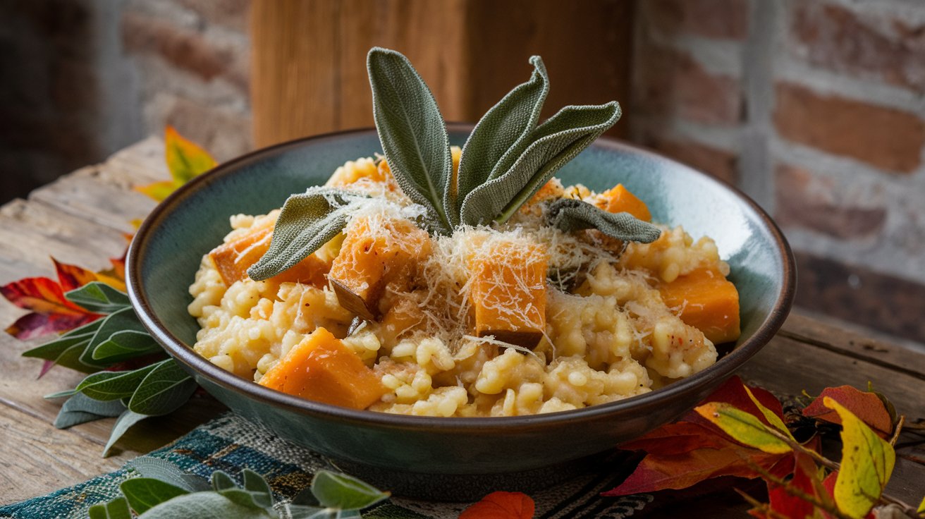 Butternut Squash and Sage Risotto served on a rustic plate, showcasing a warm, golden dish with tender butternut squash and a fragrant infusion of sage