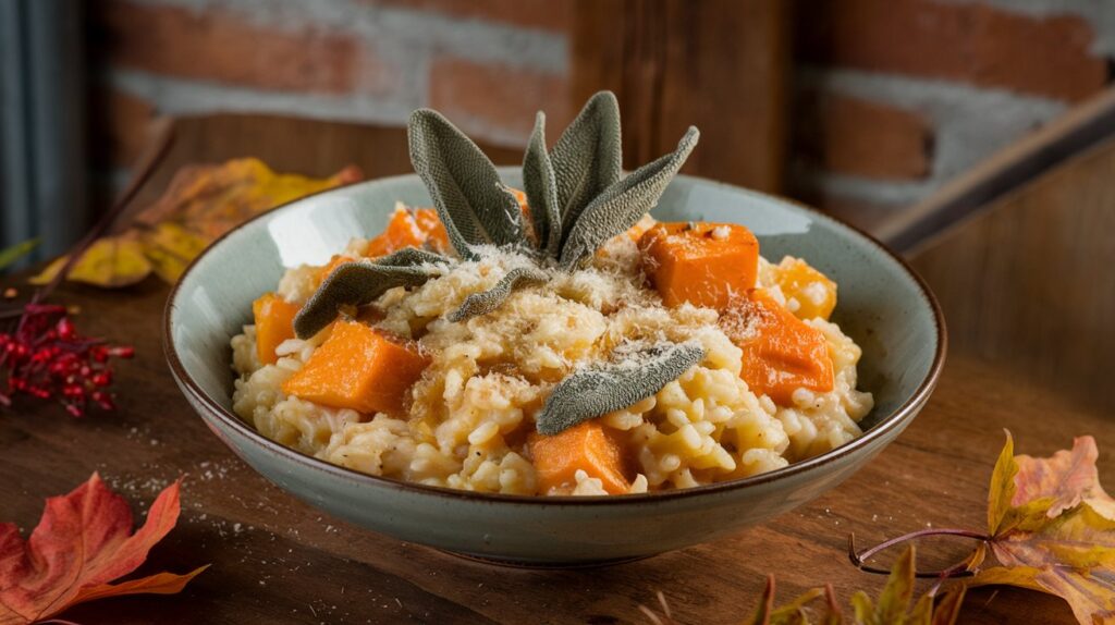 Close-up of Butternut Squash and Sage Risotto, highlighting the velvety texture of the risotto with roasted butternut squash cubes and crispy sage leaves scattered on top.