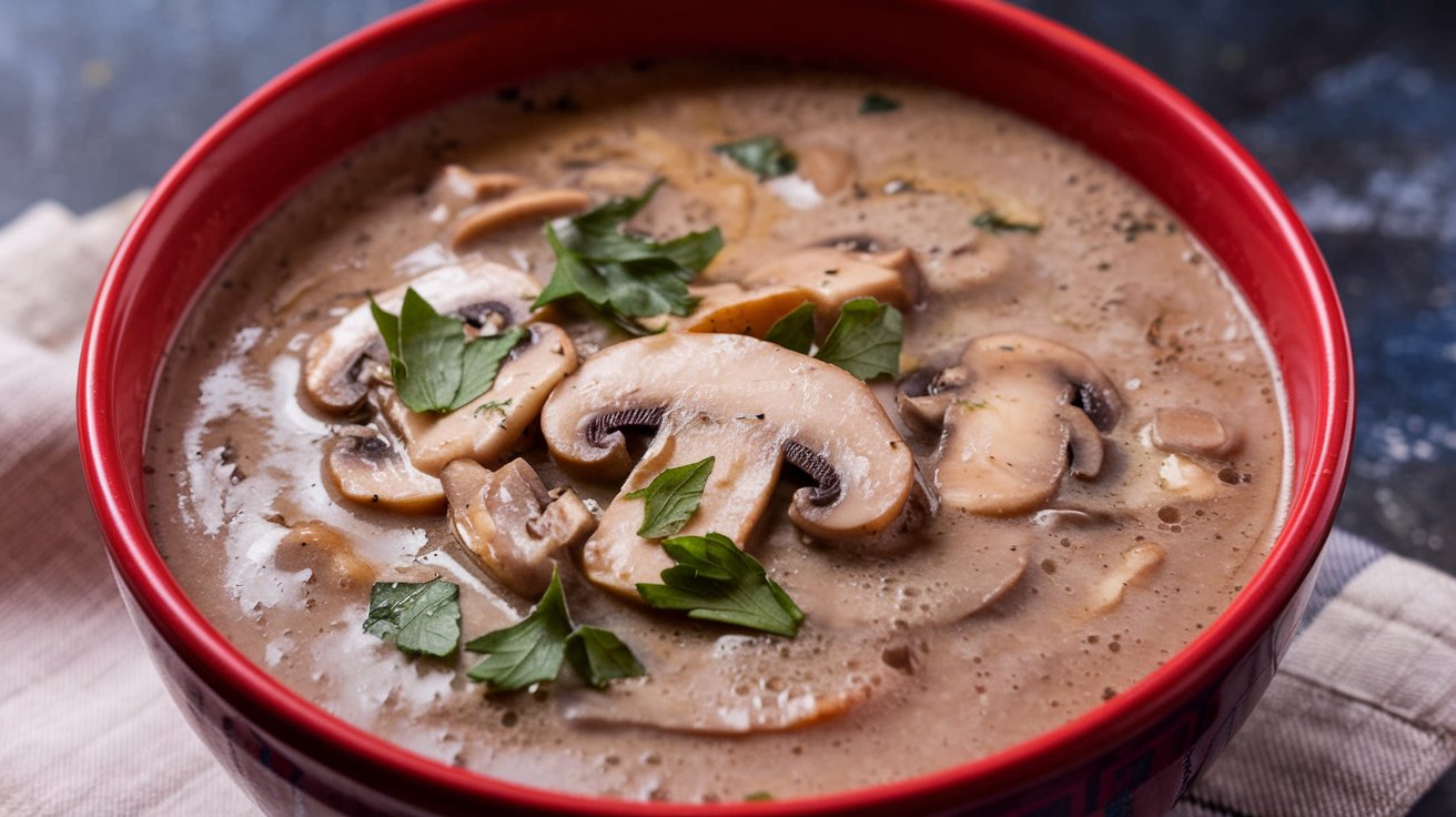 "A steaming bowl of Hungarian Mushroom Soup, rich and creamy, with earthy mushrooms and a touch of paprika, creating a comforting and flavorful dish with a hint of spice."