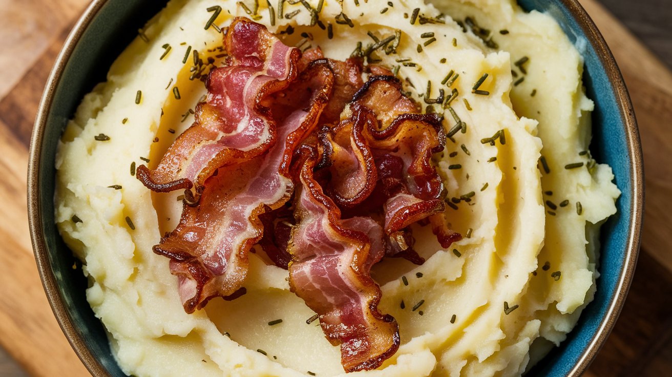 A spoonful of Cheesy Bacon Mashed Potatoes, highlighting the rich, cheesy blend of potatoes with crispy bacon crumbles and a sprinkle of fresh herbs for extra flavor