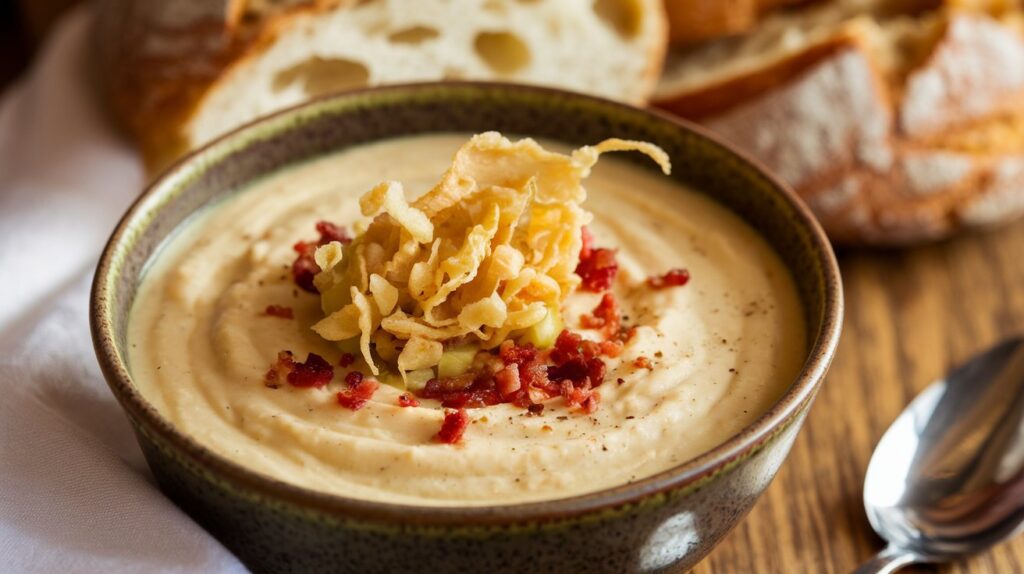 A steaming bowl of Creamy Potato Leek Soup served with a slice of crusty bread, showcasing its pale golden color and creamy, comforting flavor. Creamy Potato Leek Soup in a rustic ceramic bowl, topped with a dollop of sour cream and a light dusting of cracked black pepper, perfect for a cozy meal