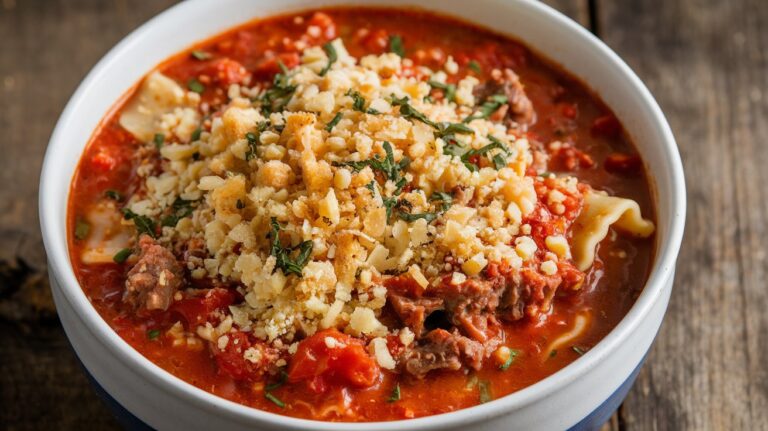 A bowl of Hearty Lasagna Soup, featuring a rich tomato and herb base, topped with a golden mixture of breadcrumbs and melted cheese for a comforting twist on a classic dish.