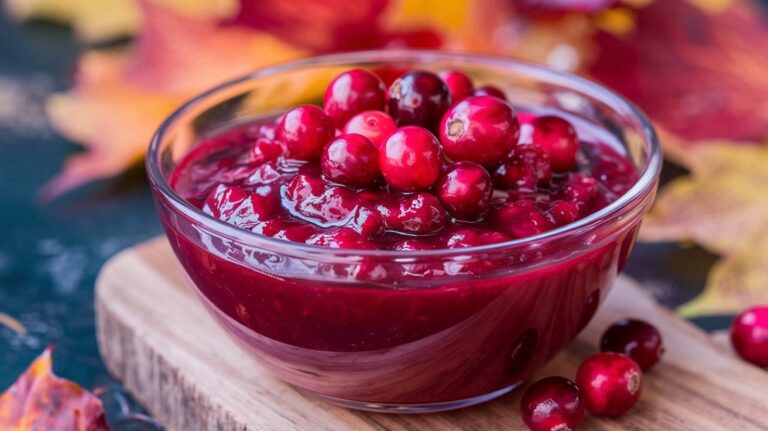 "A vibrant bowl of Fresh Tangy Homemade Cranberry Sauce, with plump cranberries simmered to perfection, offering a tangy and slightly sweet flavor that adds a festive touch to any meal."