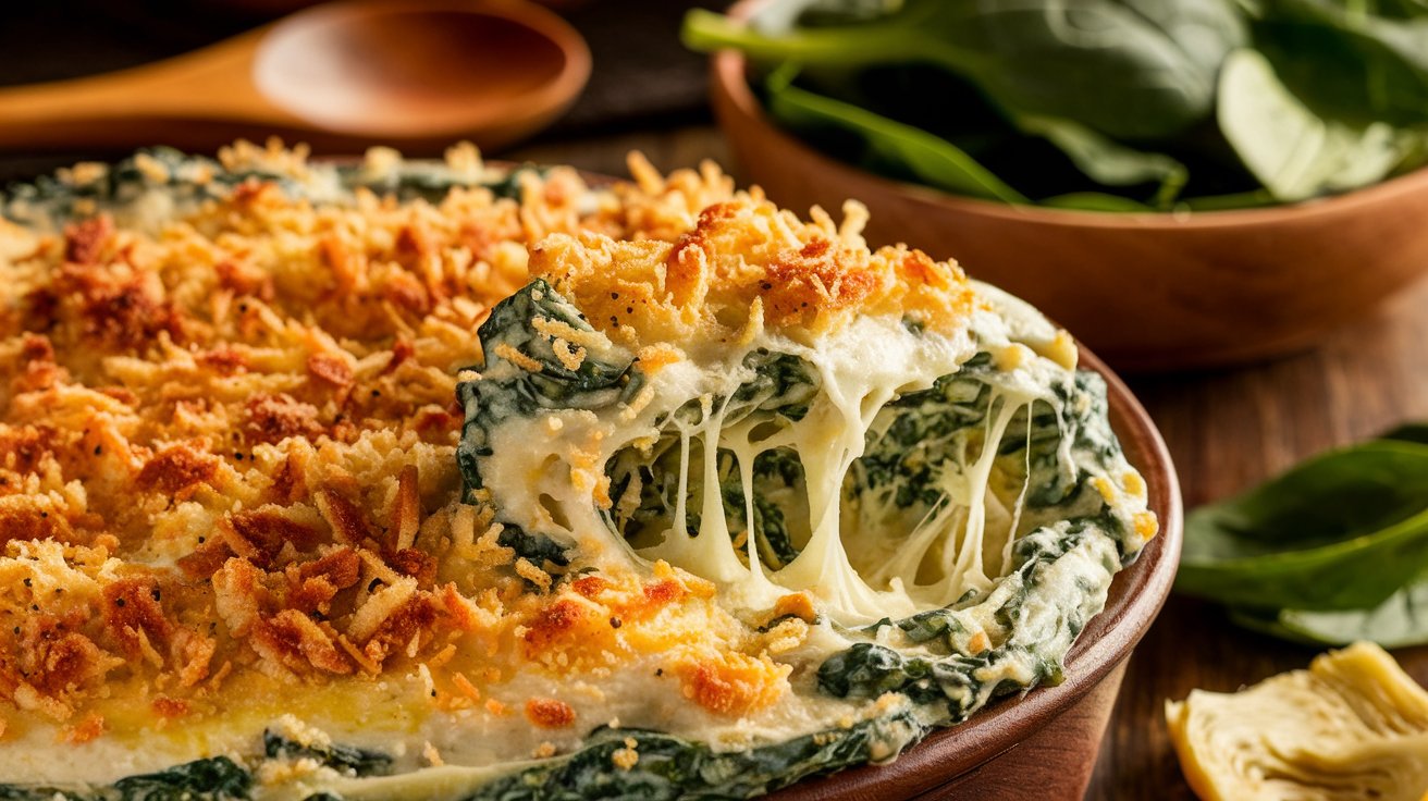 A creamy Cheesy Spinach Artichoke Dip bubbling with melted cheese, served in a rustic dish and surrounded by neatly arranged slices of toasted baguette