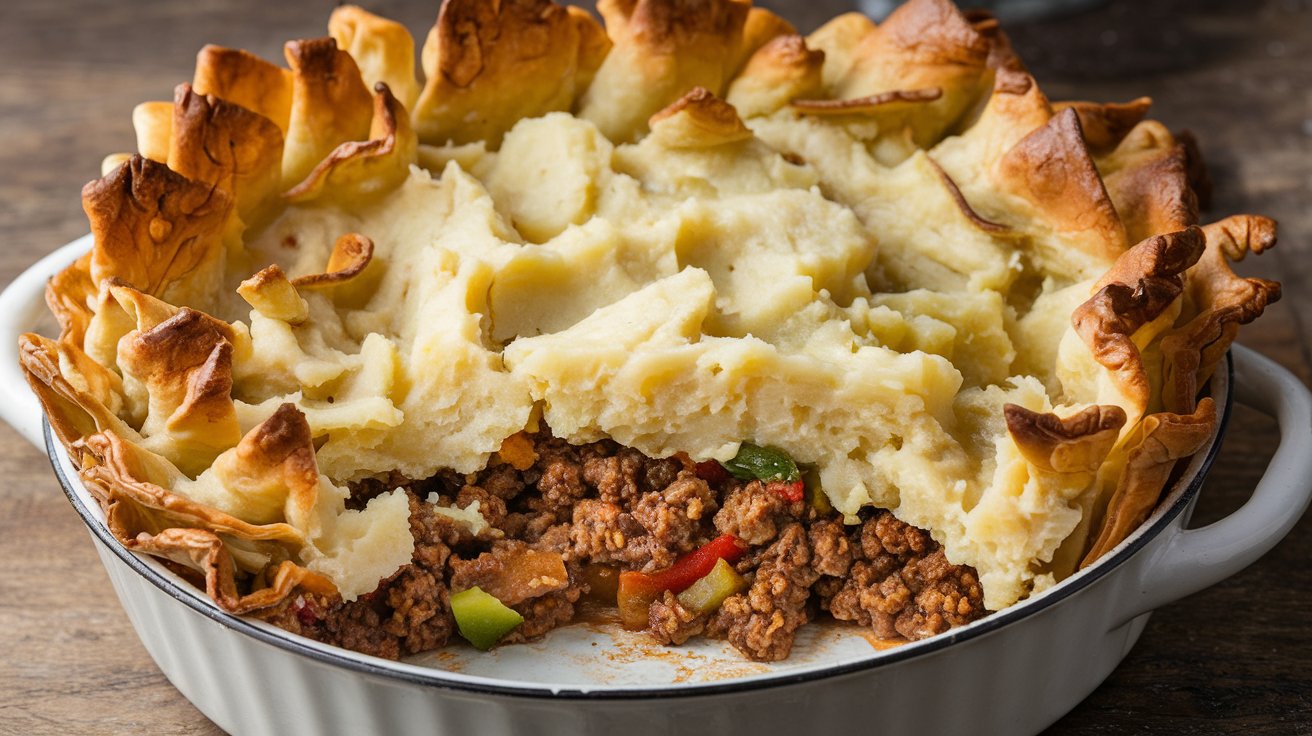 A classic Shepherd's Pie with a unique, golden-brown crust, featuring layers of savory ground meat and colorful vegetables, baked to perfection