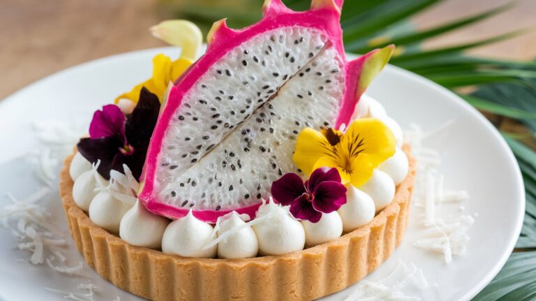 A freshly baked Dragon Fruit and Coconut Tart, with a golden-brown crust, topped with a luscious coconut filling and vibrant dragon fruit slices, making it an eye-catching and delicious treat