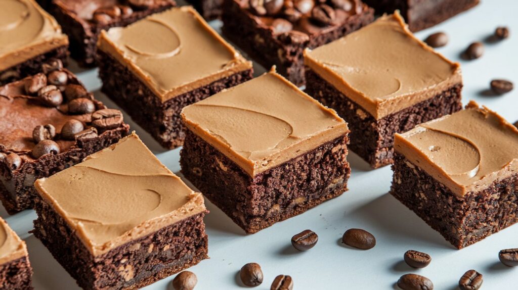 Coffee Brownies with a Drizzle of Espresso Glaze and Chocolate Shavings" A batch of coffee brownies drizzled with a glossy espresso glaze and topped with delicate chocolate shavings, highlighting their rich, indulgent flavor.