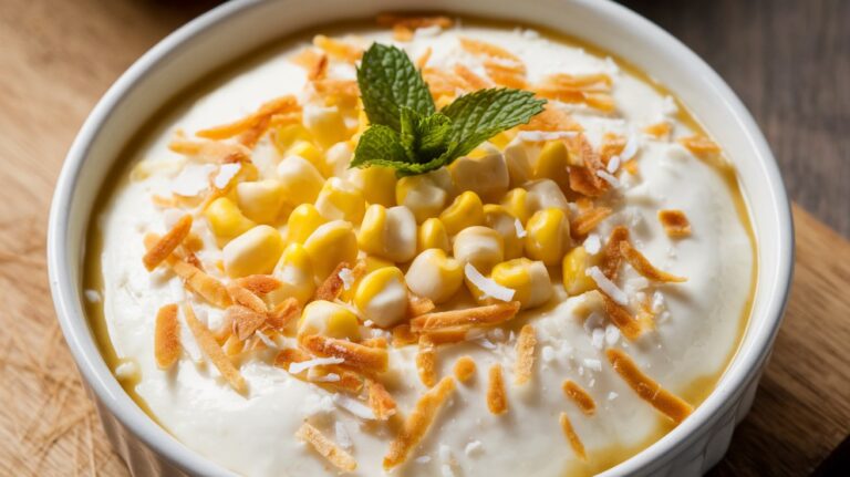 Creamy coconut milk pudding served in a bowl, topped with golden sweet corn and toasted coconut, for a delightful fusion of flavors and textures in every bite