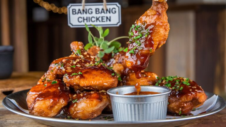 Crispy Bang Bang Chicken Drizzled with Creamy Spicy Sauce" A plate of crispy bang bang chicken bites coated in a creamy, sweet, and spicy sauce. The golden-brown chicken pieces are perfectly crunchy and bursting with bold flavors.