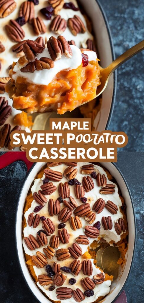 "A comforting dish of Maple Sweet Potato Casserole, where sweet, tender sweet potatoes meet the warmth of maple syrup, topped with a crunchy, spiced pecan topping for a perfect holiday side."

