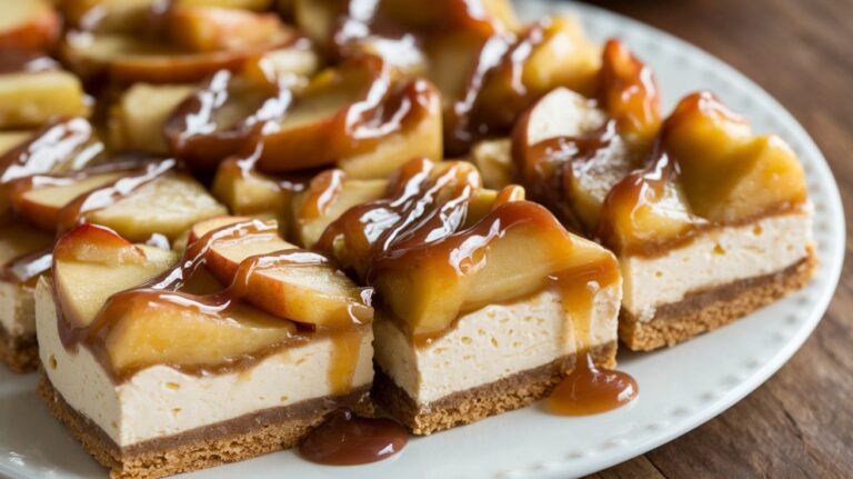 A plate of decadent Caramel Apple Cheesecake Bars, with a creamy cheesecake layer topped with cinnamon-spiced apples and a generous drizzle of rich caramel sauce, creating the ultimate fall dessert."