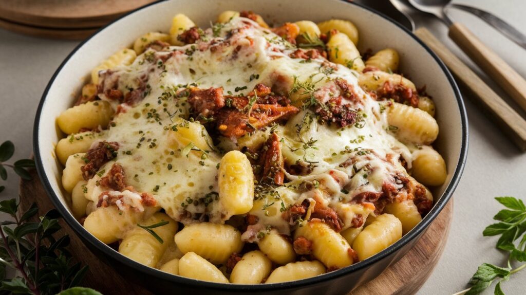 Close-up of Cheesy Autumn Gnocchi, showcasing soft, golden-brown gnocchi nestled in a rich, melted cheese sauce, with hints of seasonal herbs and spices."
