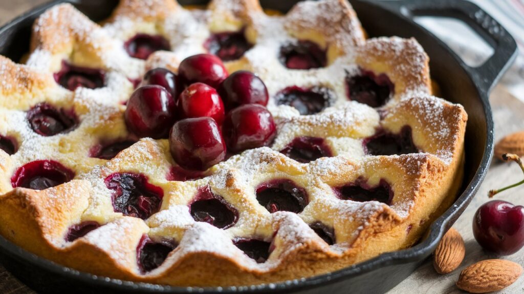  "Close-up of Cherry Amaretto Clafoutis, showcasing juicy cherries scattered across a creamy, golden-brown batter, with a dusting of powdered sugar for an elegant finish."

