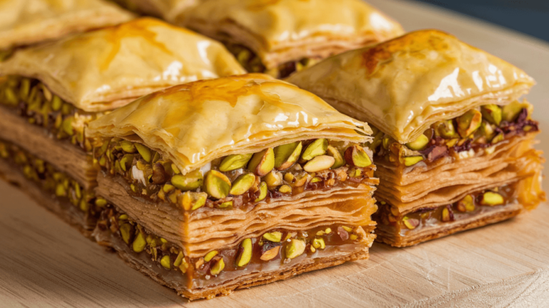 A golden slice of pistachio baklava, with flaky, crispy layers of filo dough, filled with crushed pistachios and sweet syrup, offering a perfect balance of texture and flavor