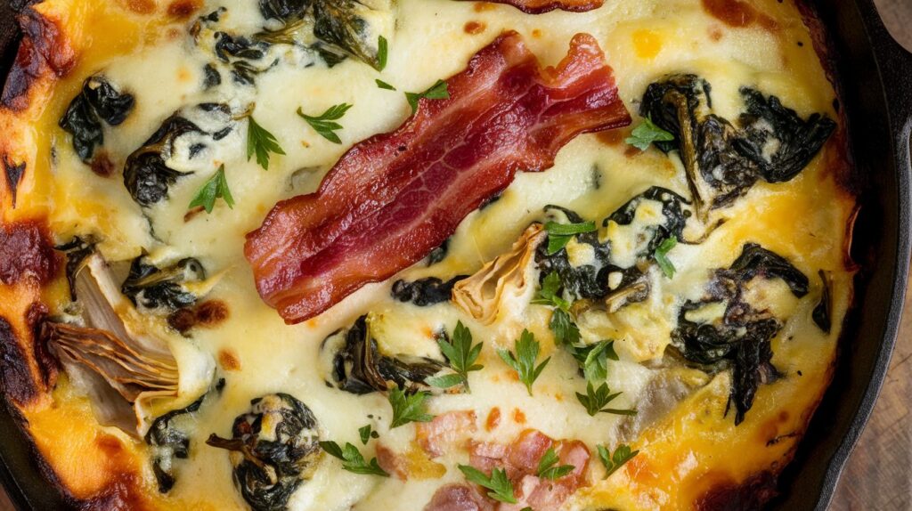 Close-up of Spinach Artichoke Bake, showcasing the creamy mixture of spinach and artichokes, topped with melted cheese and baked to a golden, bubbly perfection