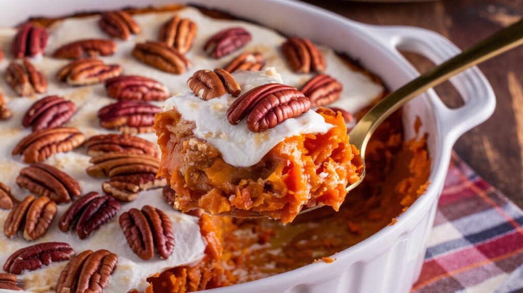 "A comforting dish of Maple Sweet Potato Casserole, where sweet, tender sweet potatoes meet the warmth of maple syrup, topped with a crunchy, spiced pecan topping for a perfect holiday side."