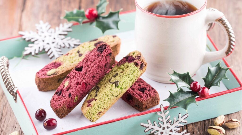  "A single piece of Cranberry Pistachio Biscotti balanced on the edge of a coffee cup, with a crunchy texture and vibrant inclusions of cranberries and pistachios for a perfect morning snack."
