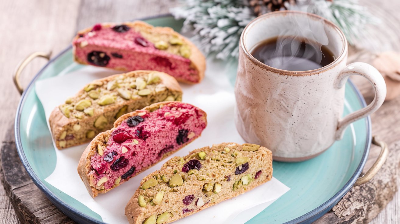 A row of Cranberry Pistachio Biscotti, showcasing golden-brown, twice-baked cookies studded with vibrant red cranberries and green pistachios, perfect for pairing with coffee or tea