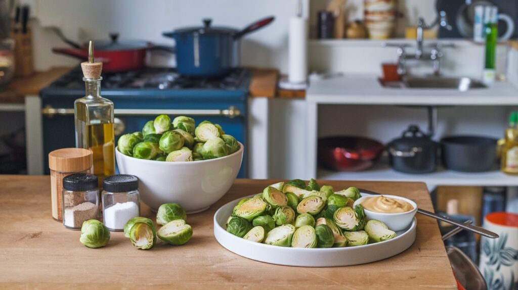 Crispy Brussels Sprouts Arranged on a Plate with Dijon Aioli Dip"
A rustic presentation of crispy Brussels sprouts accompanied by a bowl of Dijon aioli. The sprouts are seasoned and roasted to a crisp, offering a savory and tangy flavor combination