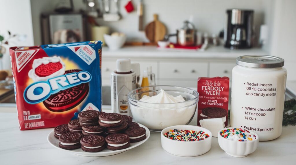 Festive red velvet Oreo truffles arranged on a platter, each bite-sized treat beautifully coated in white chocolate and adorned with holiday-themed sprinkles