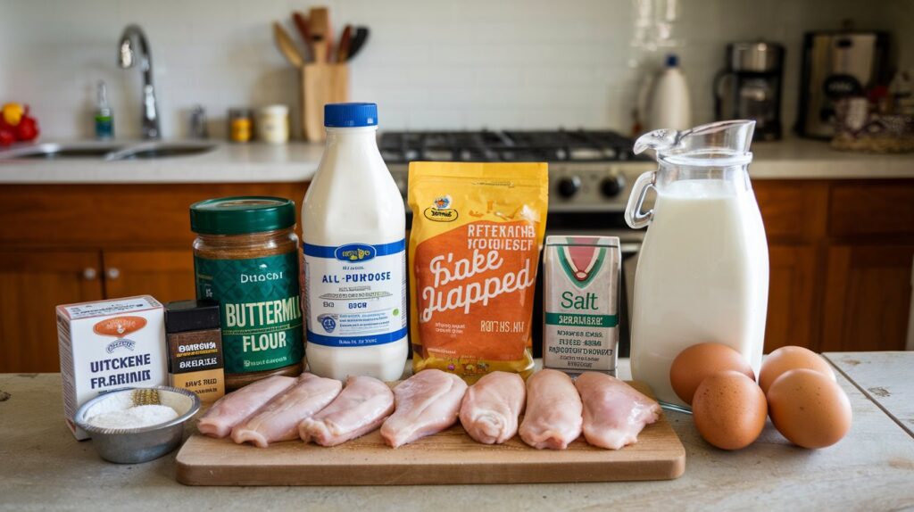 Freshly fried chicken tenders marinated in buttermilk, arranged on a serving tray with a side of ketchup and ranch for dipping, highlighting their crunchy, golden coating.