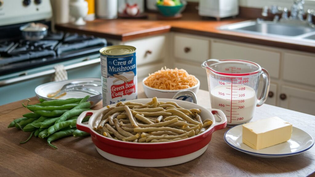 "Classic Green Bean Casserole, with vibrant green beans baked in a rich, creamy sauce and topped with a crispy onion garnish, offering a satisfying blend of flavors and textures."