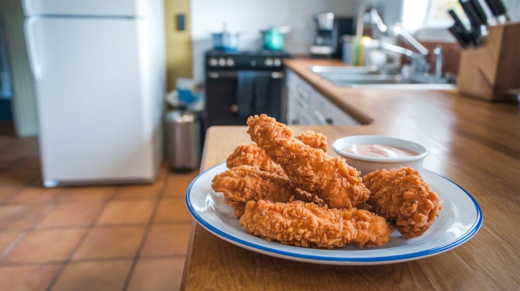 Freshly fried chicken tenders marinated in buttermilk, arranged on a serving tray with a side of ketchup and ranch for dipping, highlighting their crunchy, golden coating.