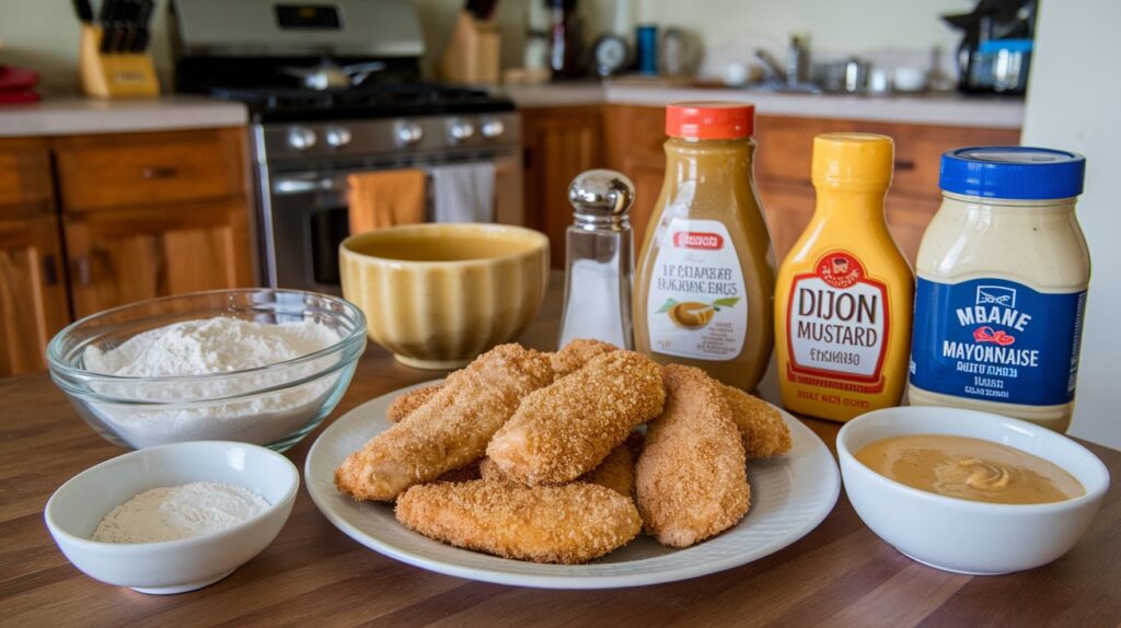 A plate of crispy chicken tenders accompanied by a spicy honey mustard sauce. The tenders are golden and crunchy, while the honey mustard has a slight kick, offering a balanced blend of sweet, tangy, and spicy flavors.