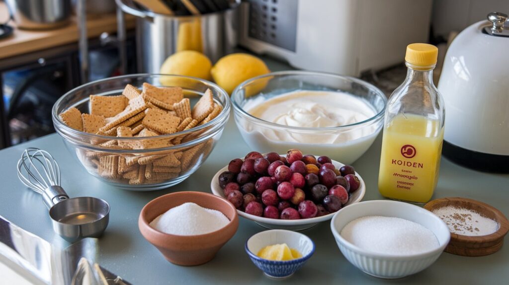 Alt Text: "Gooseberry and Lemon Cheesecake Bars arranged on a serving platter, with layers of lemony cheesecake, fresh gooseberries, and a crisp crust, making a delightful and visually appealing treat."

