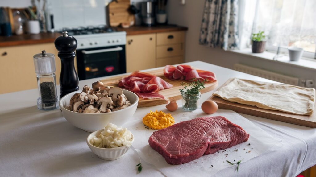 Beef Wellington served on a wooden cutting board, featuring a golden-brown crust and a hearty mushroom filling, garnished with fresh rosemary