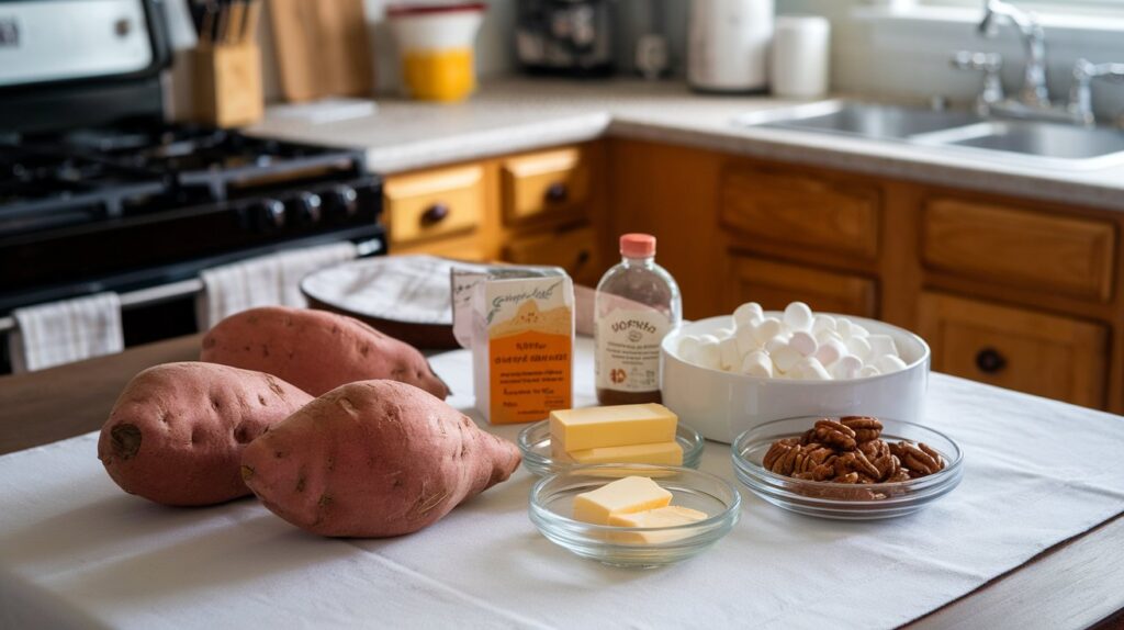 A serving of Southern Sweet Potato Casserole, featuring a creamy sweet potato base topped with a golden, toasted marshmallow and brown sugar topping, creating a perfect blend of sweetness and texture.