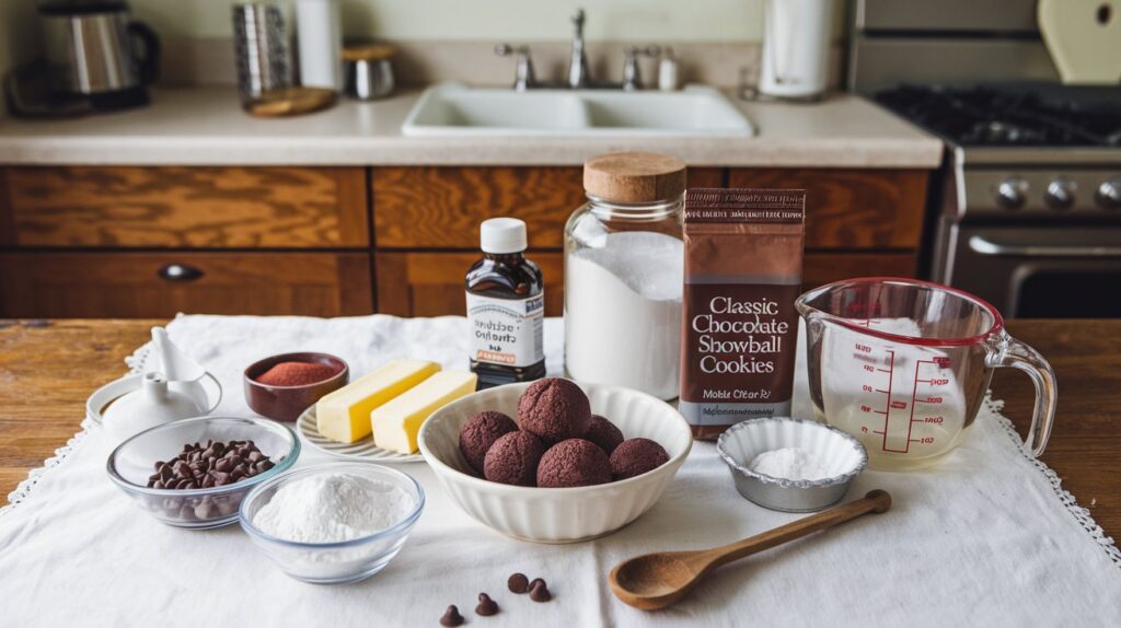 "Delicious Classic Chocolate Snowball Cookies, dusted with powdered sugar, showcasing a rich, chocolatey center wrapped in a delicate, melt-in-your-mouth exterior."

