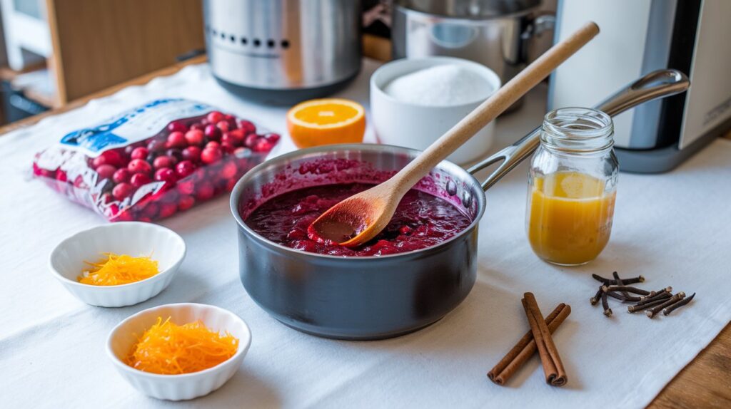 "A spoonful of Fresh Tangy Homemade Cranberry Sauce, rich in vibrant cranberry flavor with a tangy kick, adding a homemade touch to your holiday table or any festive feast."

