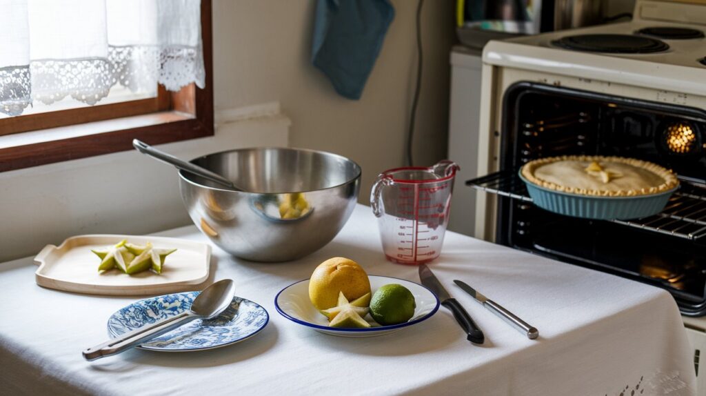 Alt Text: "Starfruit and Lime Pie served on a rustic plate, with a buttery golden crust and zesty lime filling, topped with starfruit slices for an exotic and citrusy finish."

