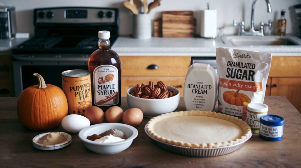 Maple Pecan Pumpkin Pie served with a dollop of whipped cream, highlighting the warm, spiced pumpkin filling and the crispy pecan topping glazed with maple syrup