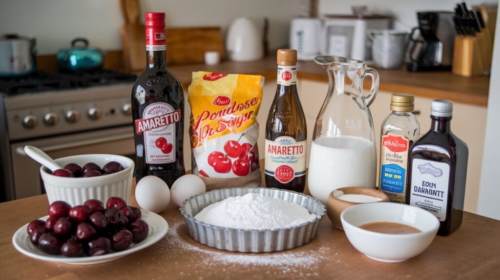  "A slice of Cherry Amaretto Clafoutis on a white plate, highlighting the baked custard base, juicy cherries, and a hint of amaretto, dusted with powdered sugar for a classic touch."

