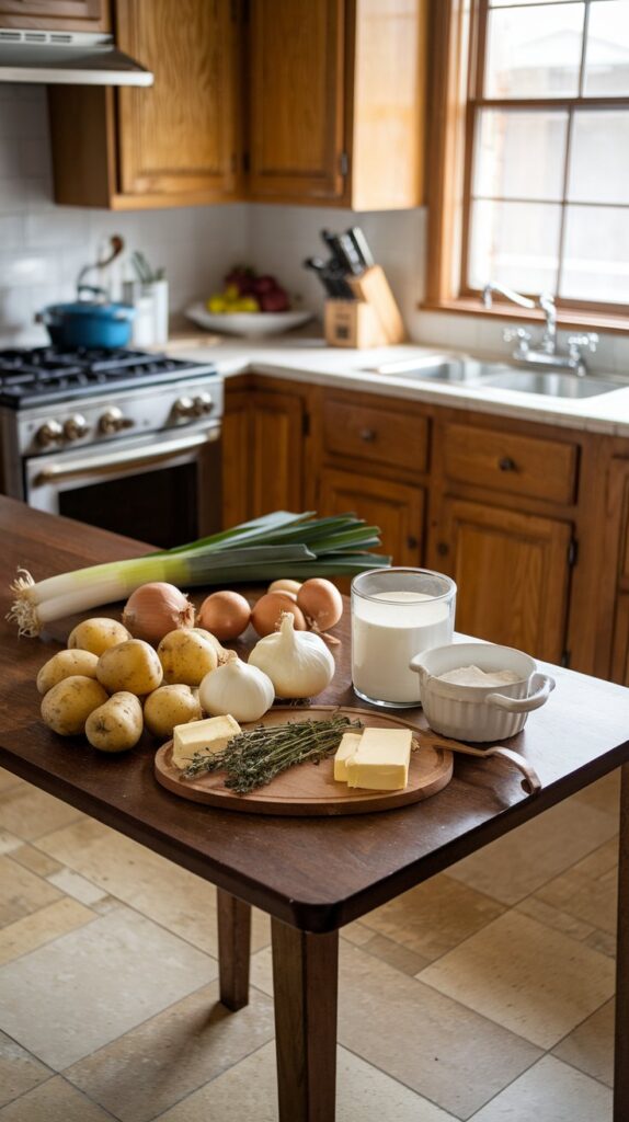 A bowl of Creamy Potato Leek Soup, featuring a velvety texture, garnished with a swirl of cream and chopped chives for a simple yet elegant presentation