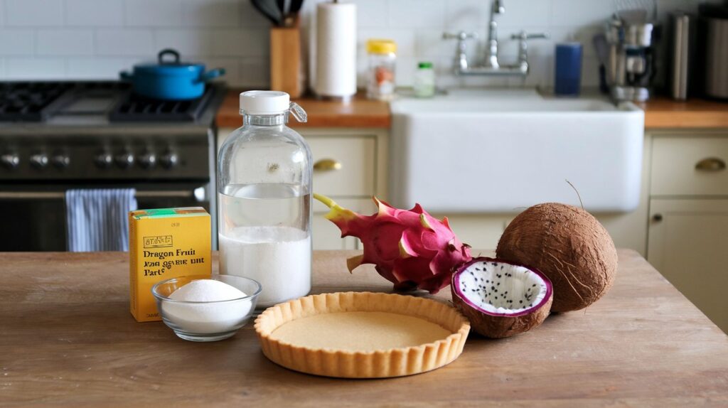 Dragon Fruit and Coconut Tart on a rustic wooden platter, with a flaky crust filled with smooth coconut cream and garnished with fresh, exotic dragon fruit, creating a refreshing tropical dessert