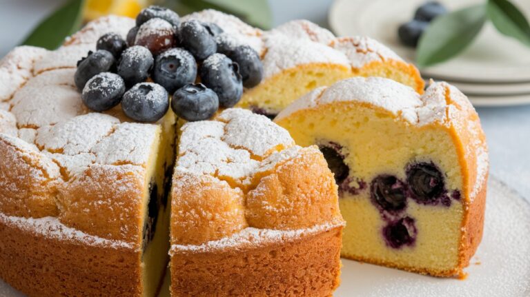 A slice of Lemon Blueberry Pound Cake served on a white plate, showcasing the moist texture with fresh blueberries nestled in the cake and a tangy lemon glaze drizzled on top.