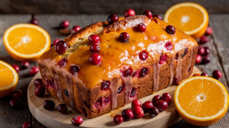 Cranberry Orange Bread Served with a Cup of Tea on a Wooden Table" A rustic presentation of cranberry orange bread served alongside a warm cup of tea, with the bright red cranberries and orange zest visible in each slice, offering a comforting, aromatic experience.