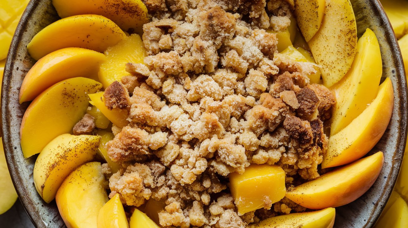 "A freshly baked Mango and Cardamom Crumble, with vibrant mango chunks peeking through the golden-brown crumble, while the warm scent of cardamom fills the air, offering a comforting and flavorful dessert."