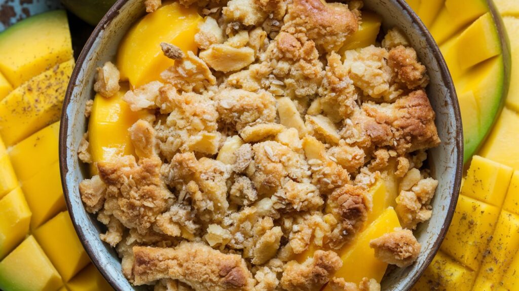 A warm serving of Mango and Cardamom Crumble, with a golden, crunchy topping over tender mango chunks infused with aromatic cardamom, creating a sweet and spicy contrast in every bite.