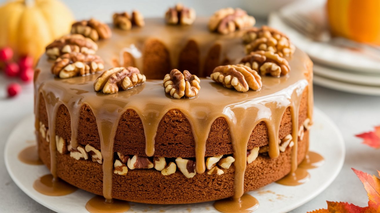 Maple Walnut Harvest Cake with a creamy glaze, beautifully presented on a festive table, its golden-brown crust and smooth glaze shining under warm lighting